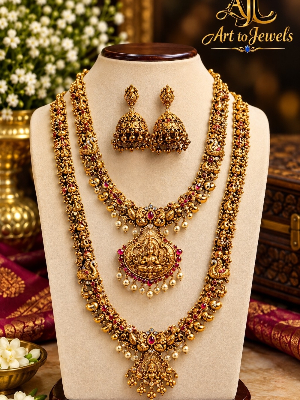 Gold-Tone Temple Necklace Set with Red Accents
